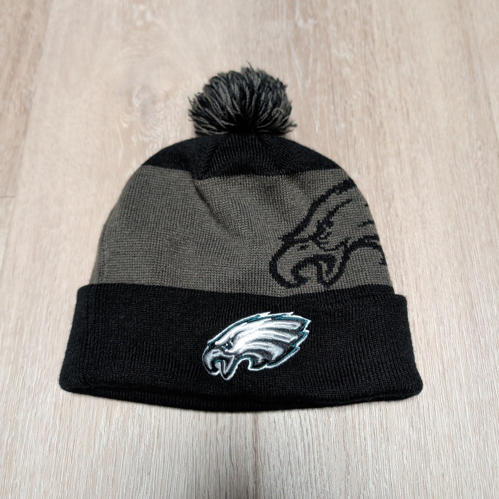 NFL Team Apparel Philadelphia Eagles Cuffed Beanie Pom Hat Black Grey One Size‎